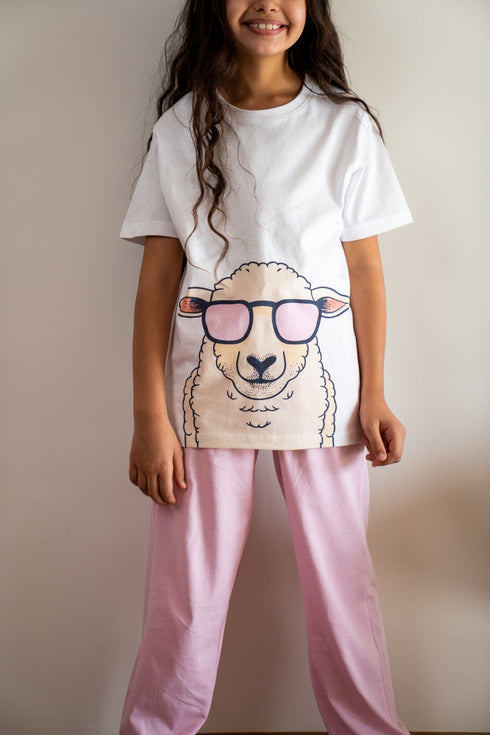 Girls Sheep PJ Set White T-Shirt + Rose Pants